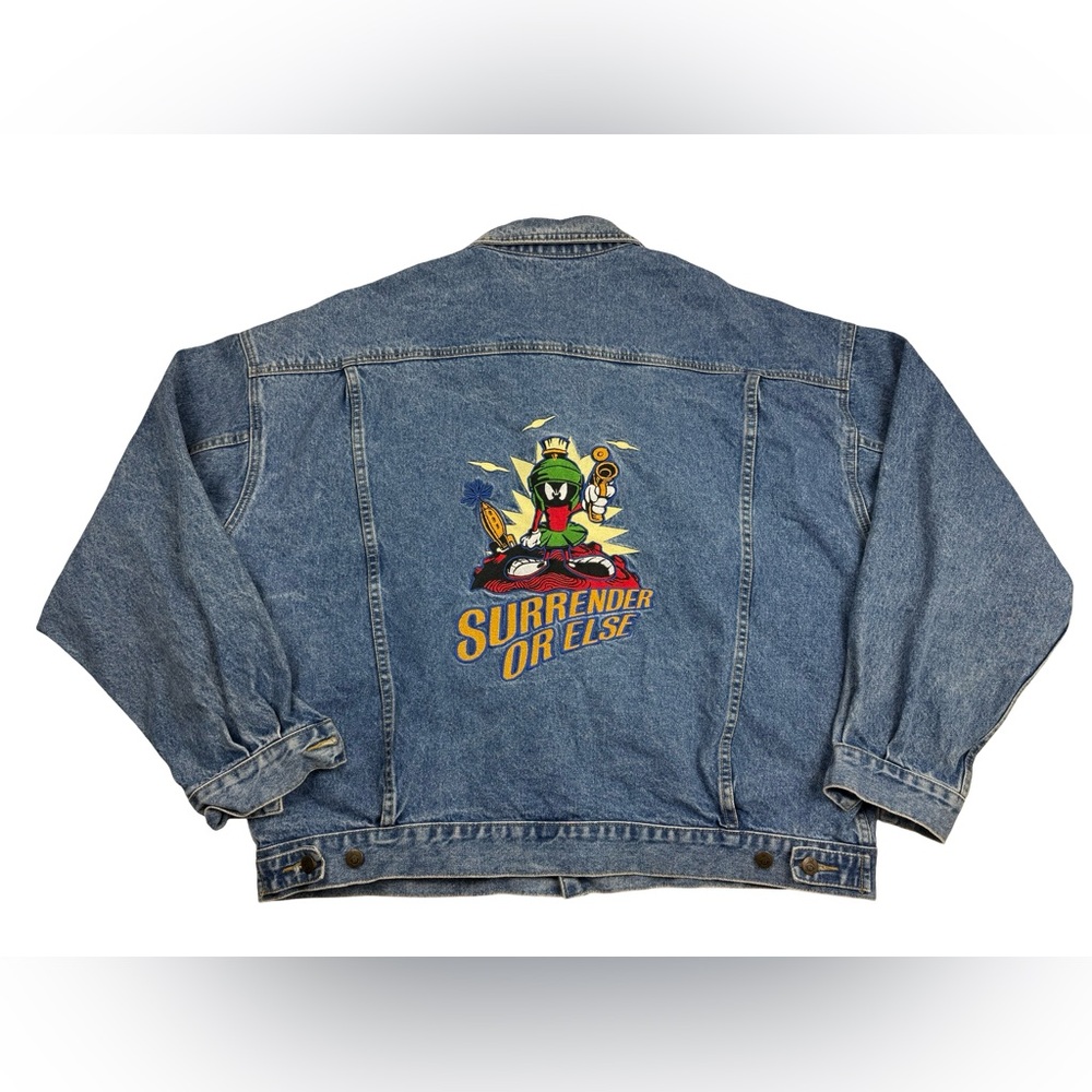 Vtg 90s Looney Tunes Warner Bros Marvin the Martian Embroidered Denim Jacket XXL
